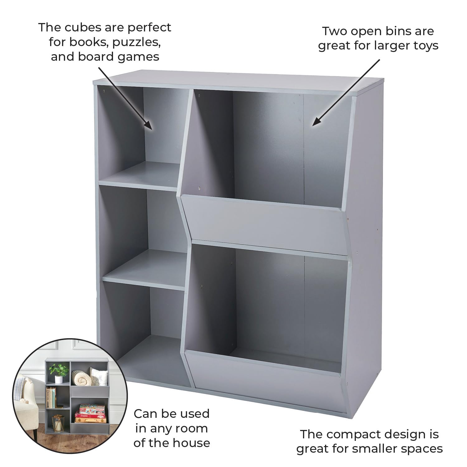 Badger Basket Side Combo Bin Unit and Book Shelf for Kids-Gray Toy Storage Cubby