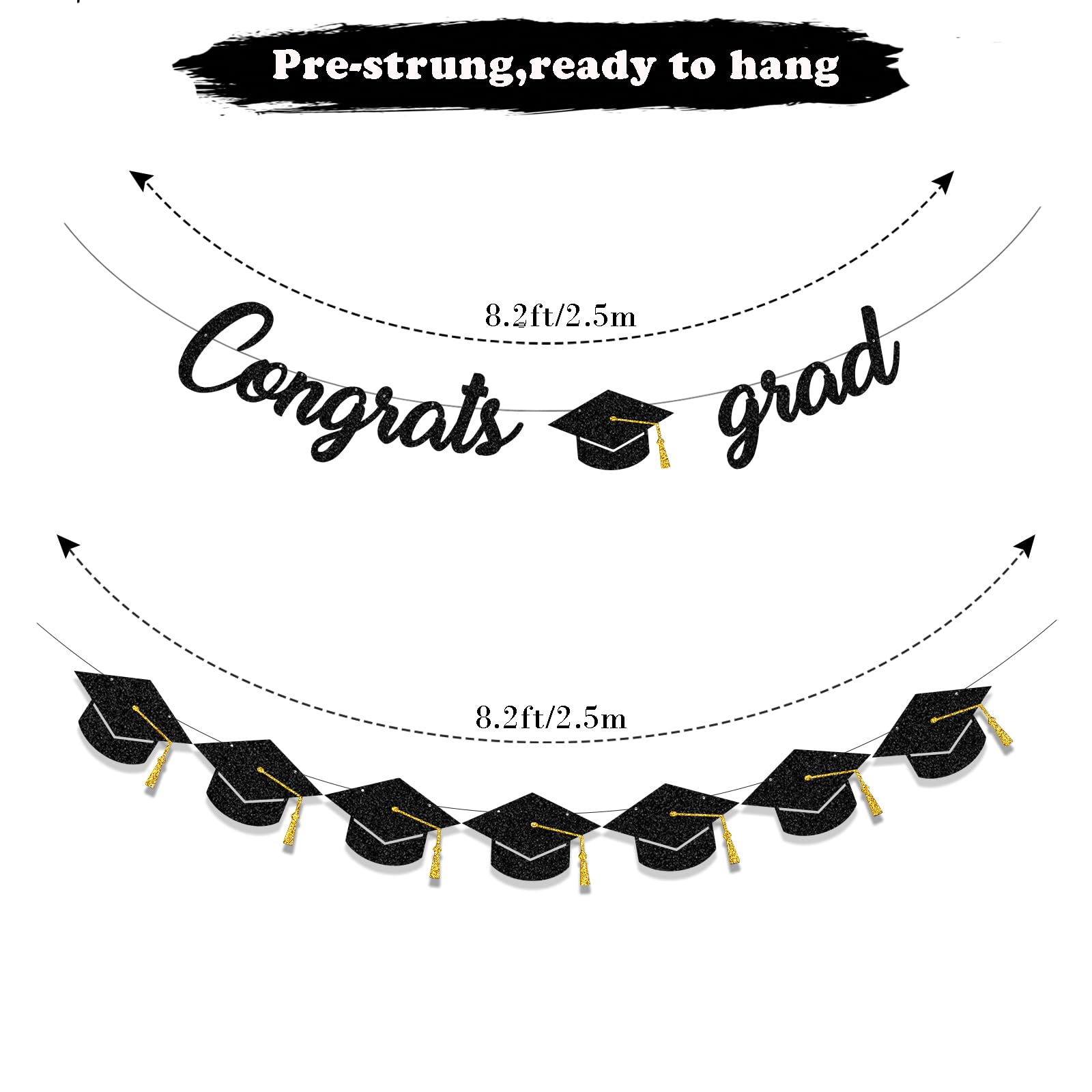 Tinbax Graduation Decorations Class of 2024 Party Supplies - Congrats Grad Banner and Graduation Cap Banner (Pre-Strung)