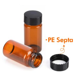 PEKYBIO 20 PCS 8 ML (2 dram) Amber Small Liquid Sample Glass Vials with Screw Caps, 17 mmx 60 mm Leak-Proof Vial, 15-425 Black Screw Cap with PE Liners for Lab, Essential Oil, Perfume, Reagents