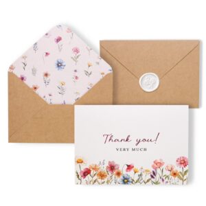 liheheca floral thank you cards with kraft envelopes, wax seal stickers,pack of 24,vintage flower greeting cards for wedding,bridal shower,4x6 inch