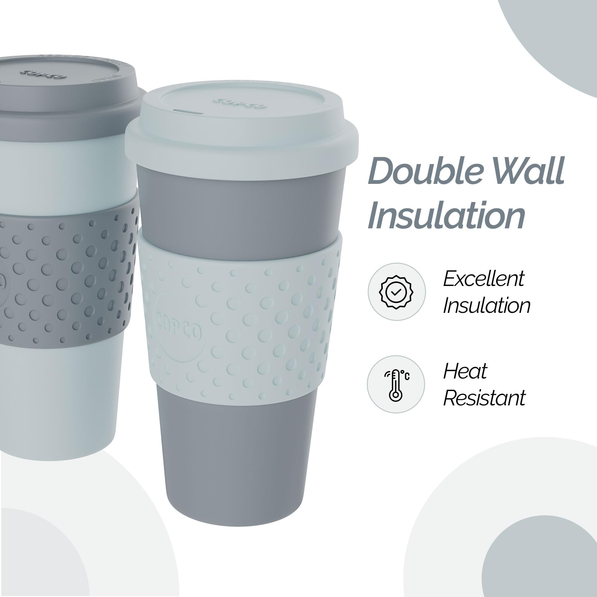 Copco Acadia 16oz Travel Mug with Lid, Set of 2 Double Wall Insulated Tumbler, Non-Slip Sleeve and BPA-Free - Microwave & Dishwasher Safe, Reusable Plastic To Go Travel Coffee Mug (Aqua/Gray)