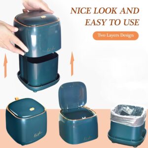 Mini Countertop Trash Can with 12 Rolls of Trash Bags, Desk Trash Can Tiny Trash Can with Press Type Lid, Desktop Trash Can Applicable for Bathroom Vanity Home Office (Trash can-kw-dark green)