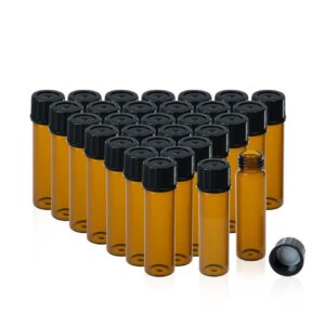 pekybio 20 pcs 8 ml (2 dram) amber small liquid sample glass vials with screw caps, 17 mmx 60 mm leak-proof vial, 15-425 black screw cap with pe liners for lab, essential oil, perfume, reagents