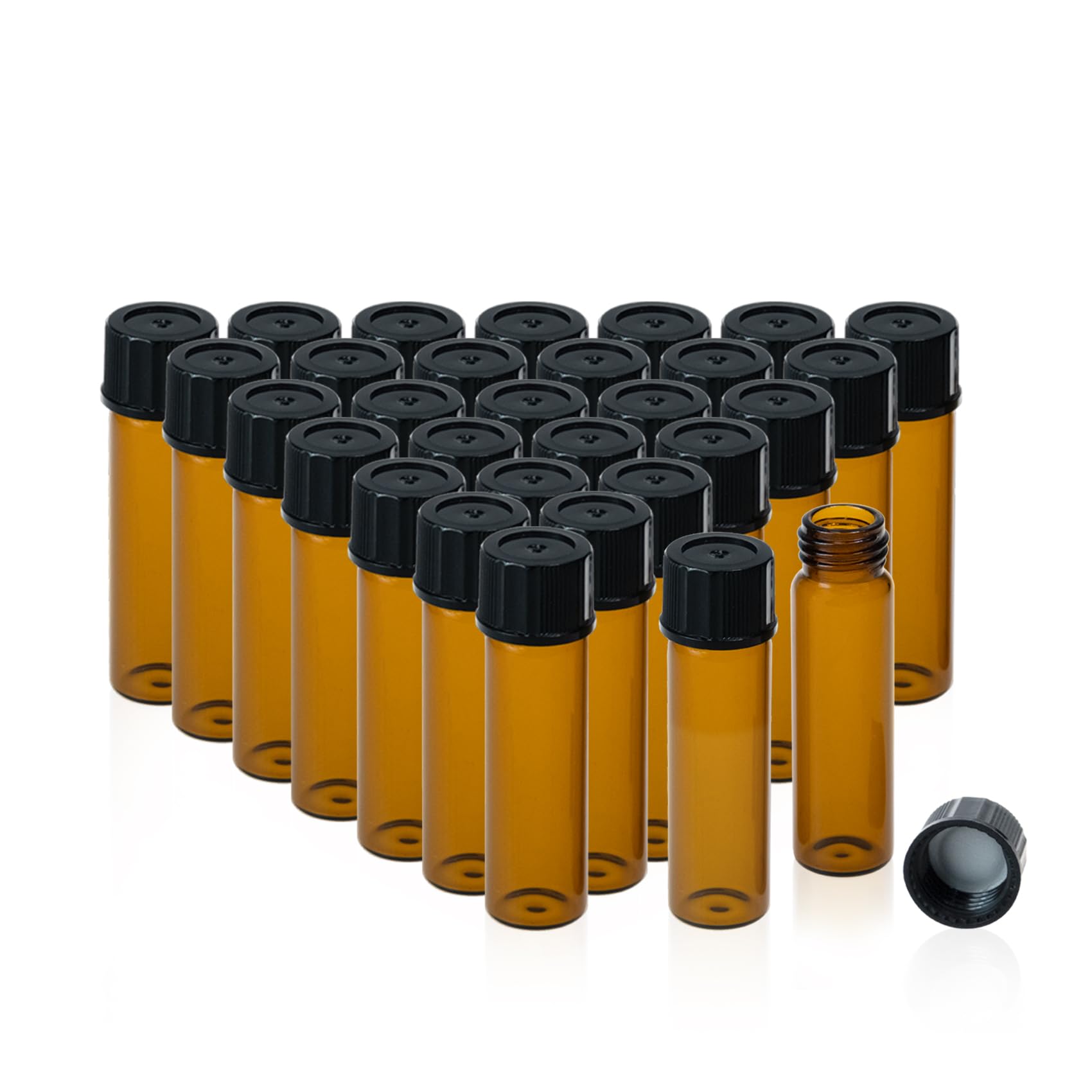 PEKYBIO 20 PCS 8 ML (2 dram) Amber Small Liquid Sample Glass Vials with Screw Caps, 17 mmx 60 mm Leak-Proof Vial, 15-425 Black Screw Cap with PE Liners for Lab, Essential Oil, Perfume, Reagents