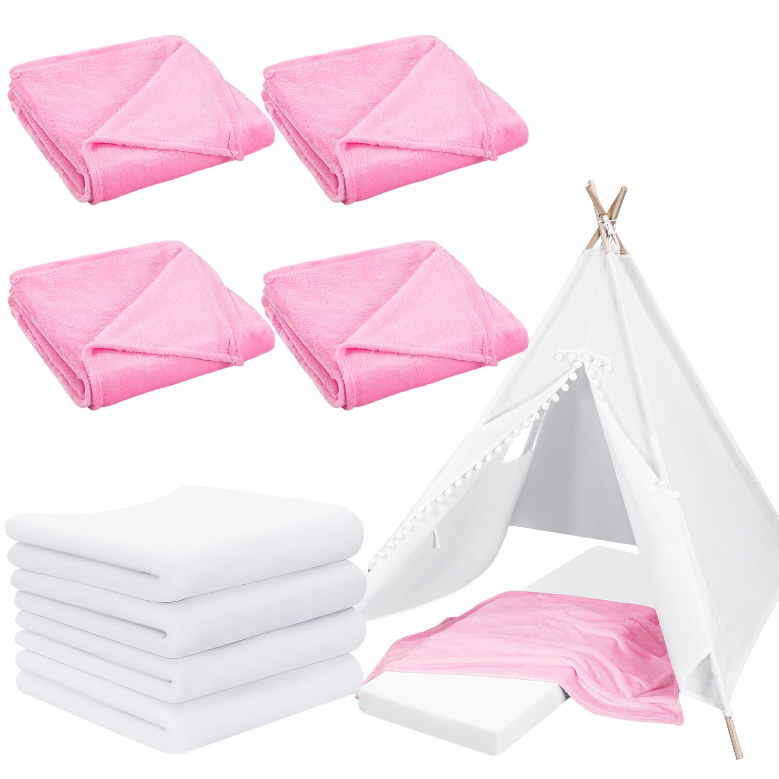 8 Pieces 8 Pieces Sleepover Party Supplies Include Soft Throw Blankets Air Mattress Sheet Pad Covers for Spa Sleepover Slumber Birthday Party Favors (White and Pink)