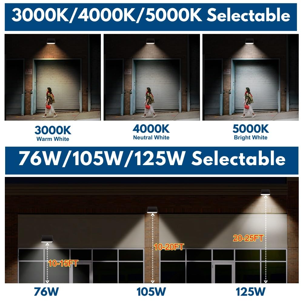 Konlite - 125W/105W/76W Full-Cutoff LED Wall Pack, Wall LED Lights, Wattage & CCT (50K/40K/30K) Selectable, LED Wall Light, Energy Efficient, Durable, Outdoor Commercial Wall Pack Light, 20,812LM