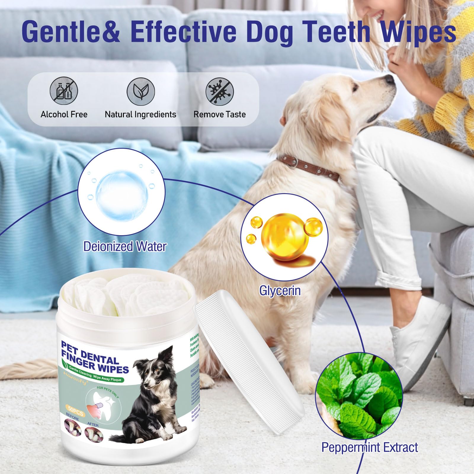 Havenfly Pet Teeth Cleaning Finger Wipes for Dogs & Cats, Dog Dental Wipes for Removing Plaque and Tartar Buildup, No-Rinse Disposable Gentle Cleaning & Gum Care Pet Wipes, 50 Counts