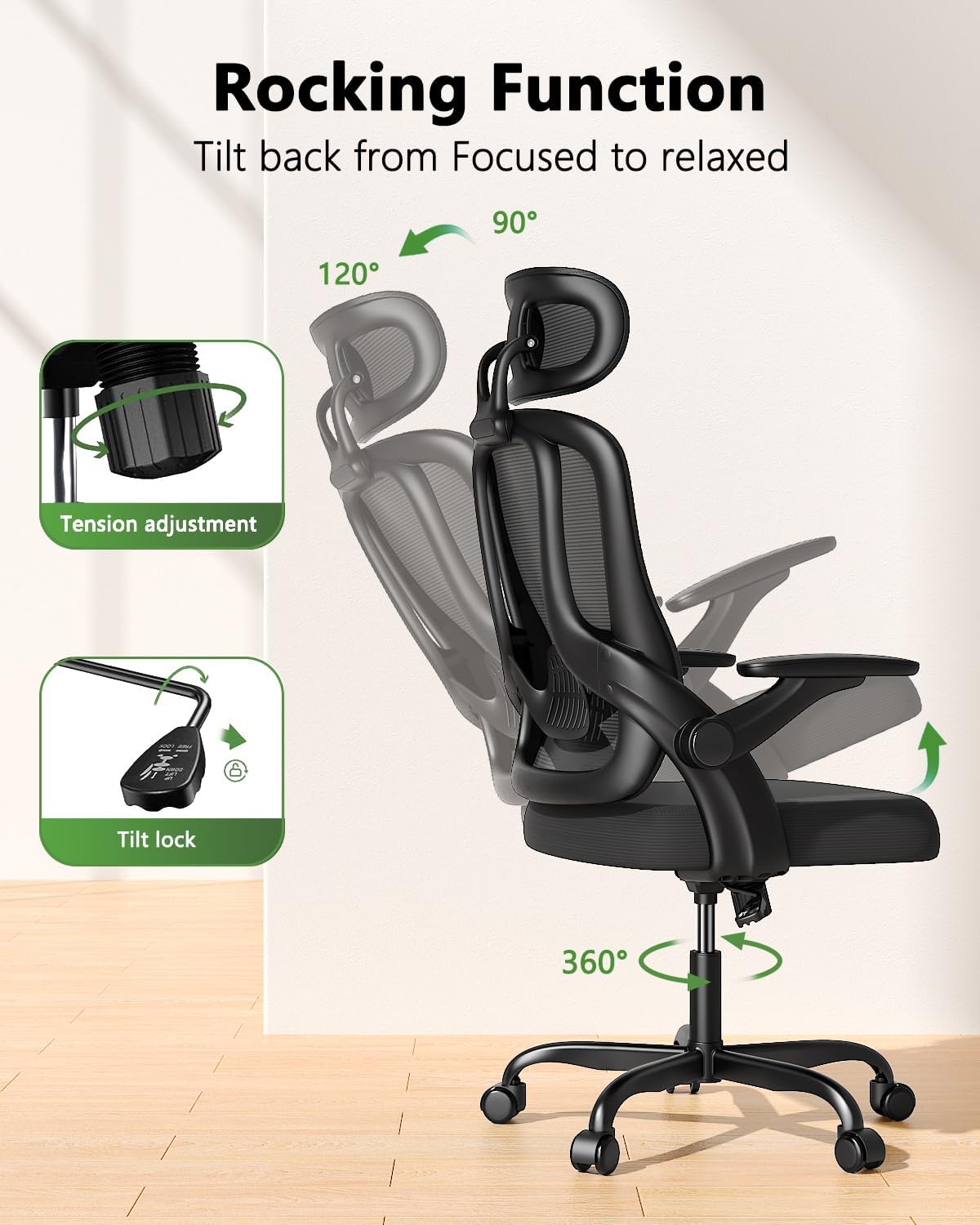 Kensaker Home Office Chair, High Back Ergonomic Desk Chair with 3D Armrests, Lumbar Support, Mesh Computer Chair with Adjustable Headrest, for Home, Office, Work, Student