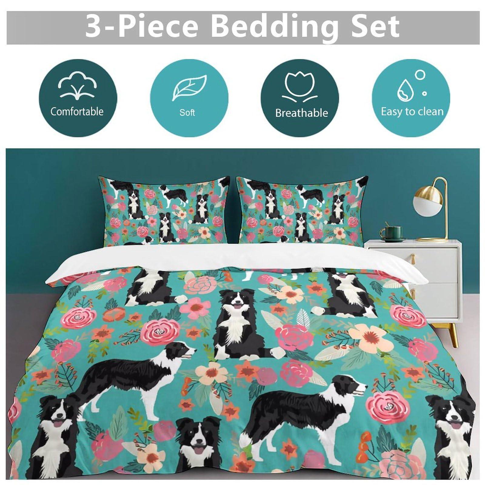 HotcoS Border Collie Florals Comforter Set Queen 3 Pieces Bedding Set Lightweight Soft Bedding Comforter Sets for All Season with 1 Duvet Cover 79"x90" 2 Pillow Shams 30'' X 20''