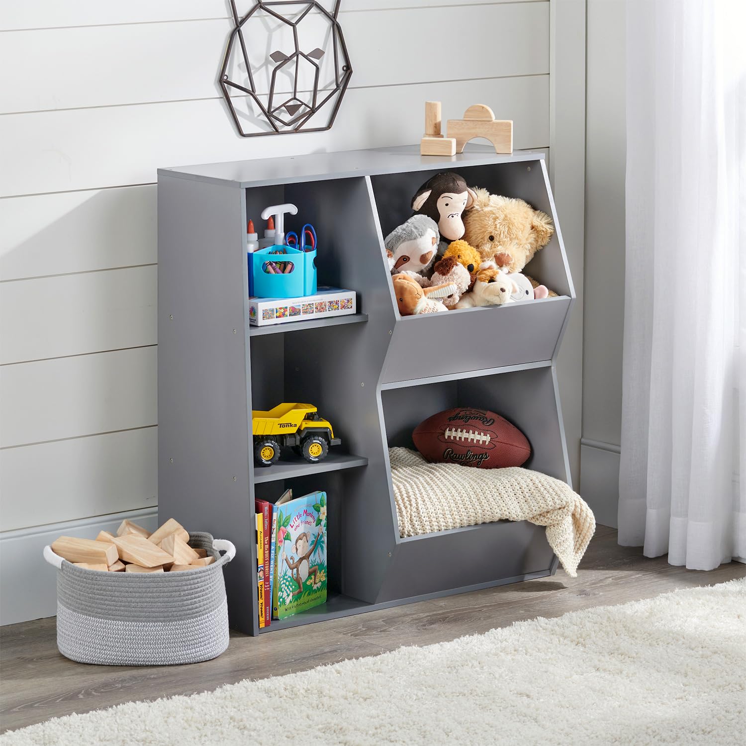 Badger Basket Side Combo Bin Unit and Book Shelf for Kids-Gray Toy Storage Cubby