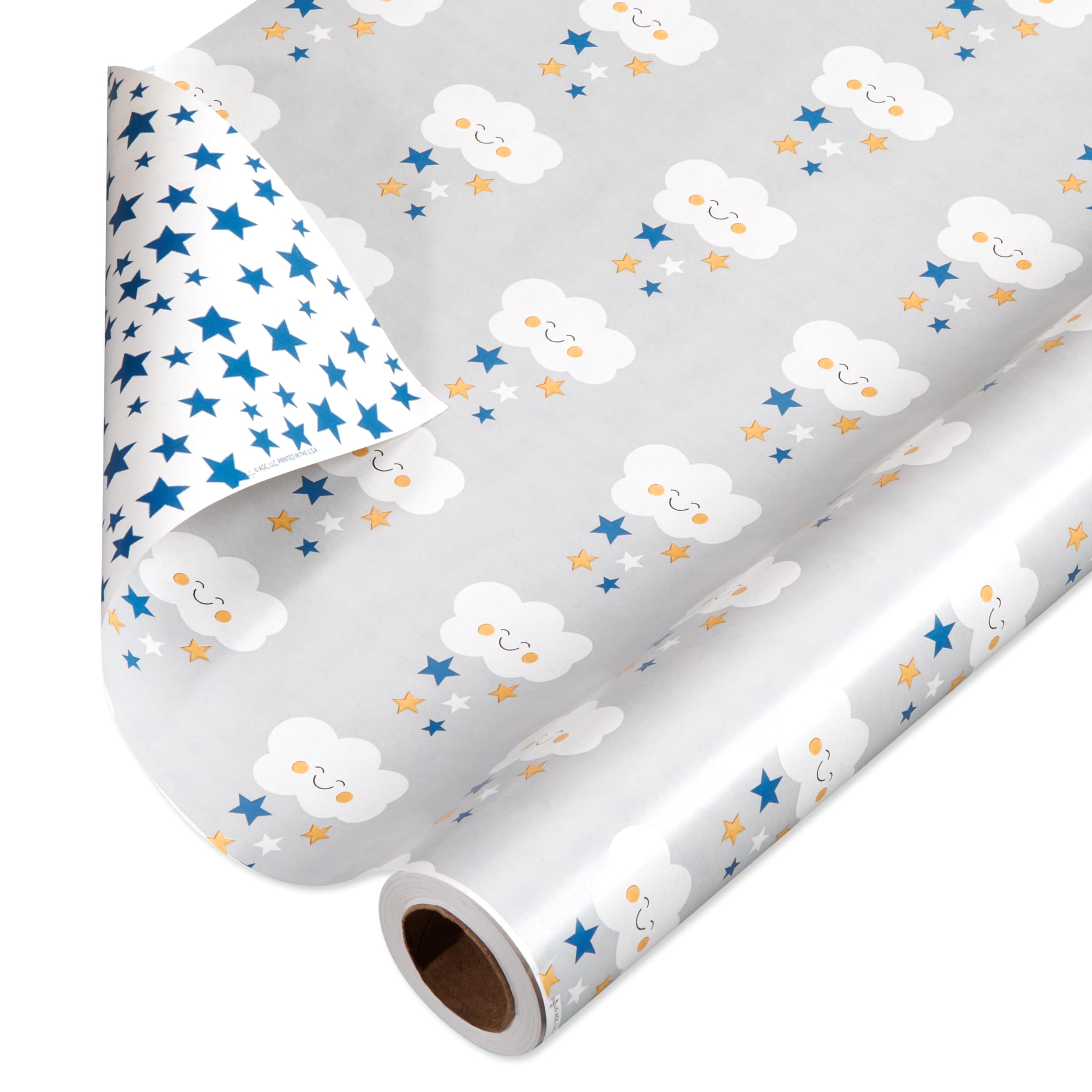 American Greetings 175 sq. ft. Reversible Wrapping Paper for Baby Showers, Birthdays and All Occasions, Clouds and Stars (1 Roll, 30 in x 70 ft.)