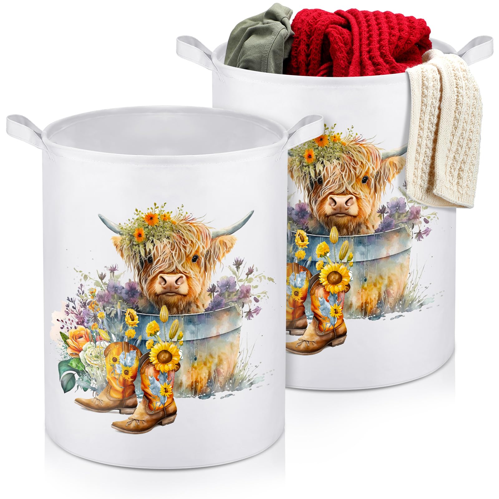 Blushtier 2 Pcs Highland Cow Laundry Basket Foldable Waterproof Oxford Cloth Cow Basket Cow Print Hamper Scottish Cattle Storage Bin Clothes Storage Bucket Toy Organizer Nursery Bathroom 13.8" x 17.7"