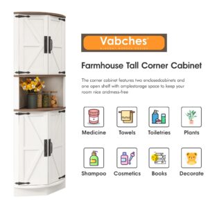 Vabches 64.8" Tall Farmhouse Corner Cabinet with 4 Doors and 5 Storage Shelves, Farmhouse Storage Cabinet with Barn Door Design, Home Space Saver for Living Room, Kitchen, Laundry Room,White