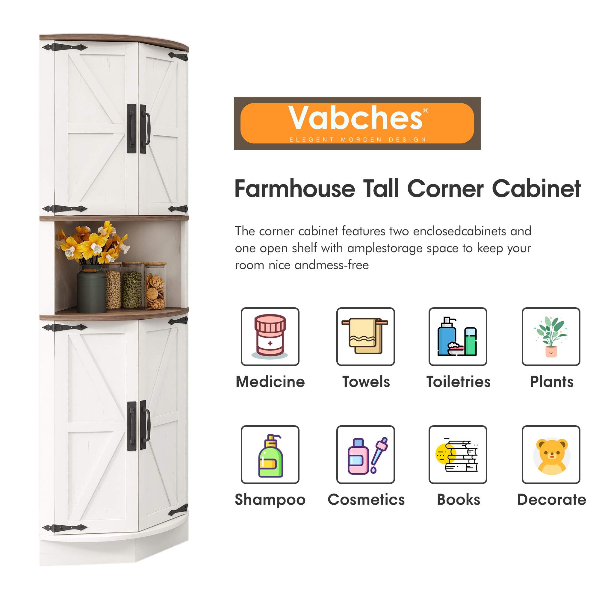 Vabches 64.8" Tall Farmhouse Corner Cabinet with 4 Doors and 5 Storage Shelves, Farmhouse Storage Cabinet with Barn Door Design, Home Space Saver for Living Room, Kitchen, Laundry Room,White