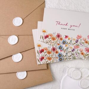 Liheheca Floral Thank You Cards with Kraft Envelopes, Wax Seal Stickers,Pack of 24,Vintage Flower Greeting Cards for Wedding,Bridal Shower,4x6 Inch