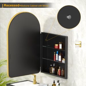 Arched Medicine Cabinet, Recessed Medicine Cabinet with Mirror,Oil Rubbed Gold Bathroom Medicine Cabinet Mirror,Metal Framed Arch Medicine Cabinet Surface Mount,20x31Inch