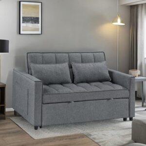 Modern Loveseat Sleeper Sofa, Fabric Upholstered Sofa Bed- 2 in 1 Pull Out Couch Bed for Living Room, Bedroom, Apartment, Office, Sofa Sleeper with Pull Out Bed, Grey