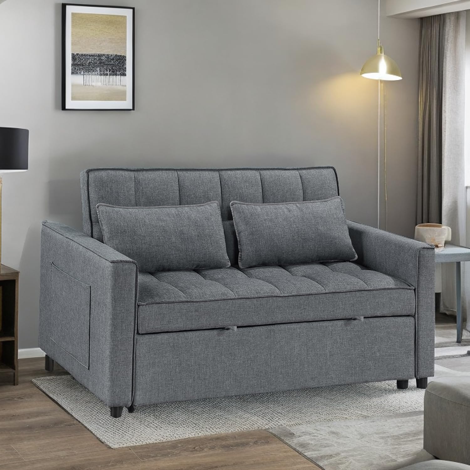 Modern Loveseat Sleeper Sofa, Fabric Upholstered Sofa Bed- 2 in 1 Pull Out Couch Bed for Living Room, Bedroom, Apartment, Office, Sofa Sleeper with Pull Out Bed, Grey