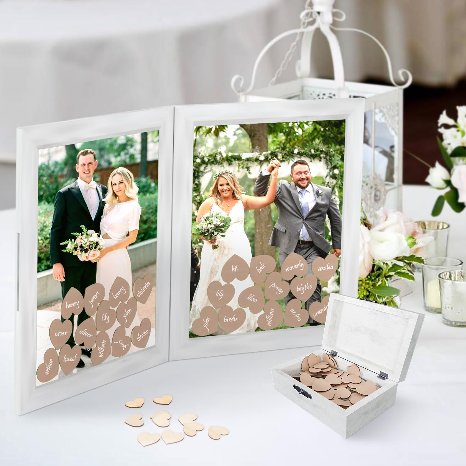 Elegant Wedding Guest Book Alternative - Wedding Guest Book Frame of Pinewood - Foldable Guest Book Wedding Reception Alternative w/2-Photos Space, Stand, Hanger, 100 Wooden Hearts & Box for Any Event