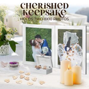 Elegant Wedding Guest Book Alternative - Wedding Guest Book Frame of Pinewood - Foldable Guest Book Wedding Reception Alternative w/2-Photos Space, Stand, Hanger, 100 Wooden Hearts & Box for Any Event