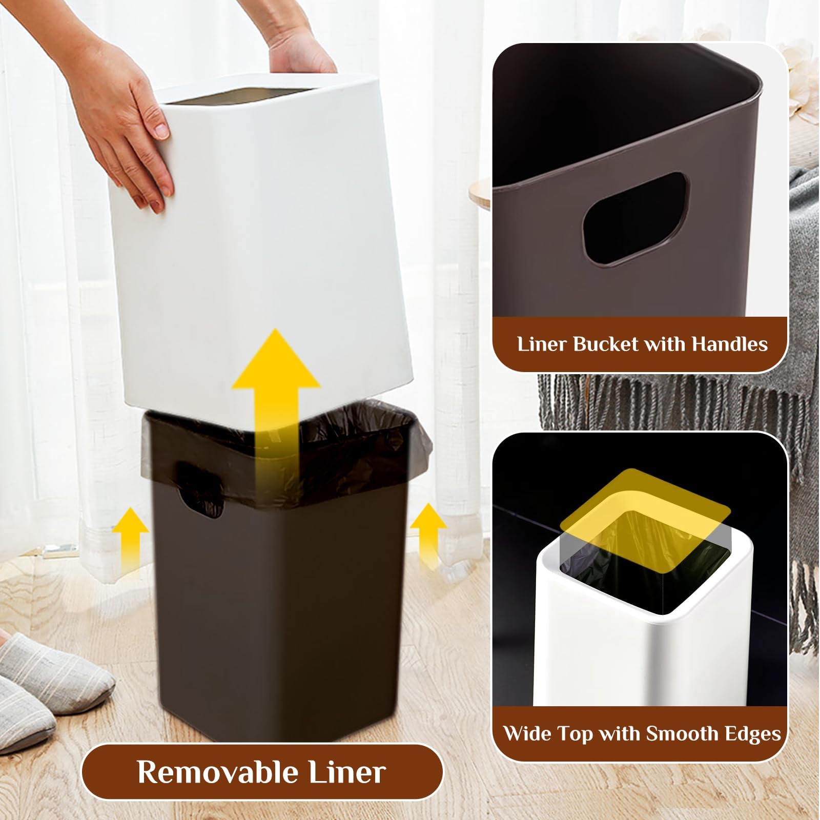 2 Pack Square Modern Trash Can Bedroom, 3Gal/12L Bathroom Trash Can Hidden Bag, Open Top Trash Can Square Plastic, Minimalist White Trash Can with Inner Bucket (with 2 Handles) for Kitchen Office