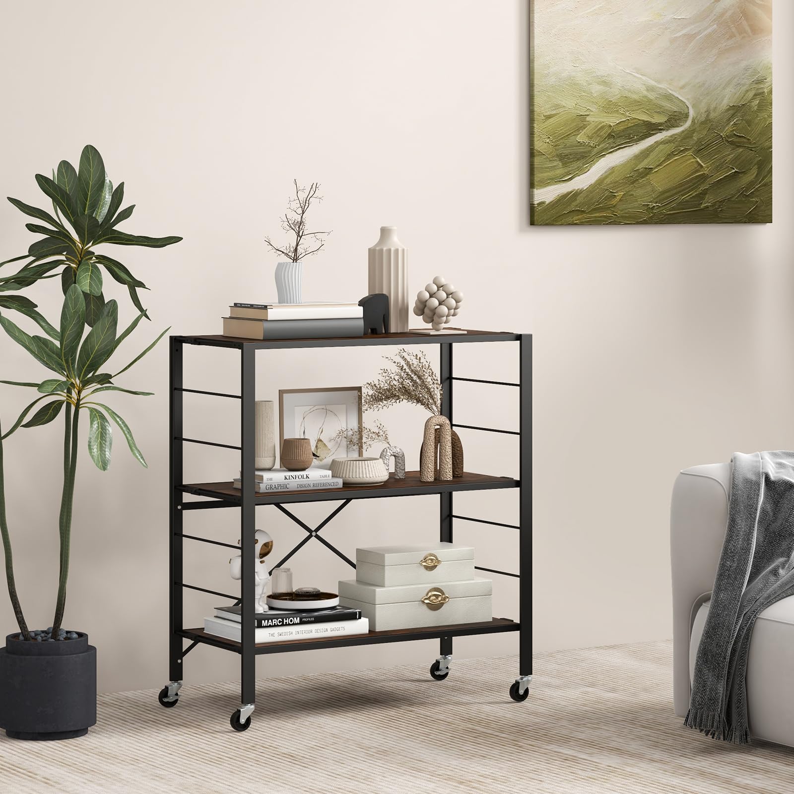 Giantex 3-Tier Folding Bookshelf with Wheels, Industrial Foldable Metal Shelves with Height-Adjustable Shelves, Freestanding Open Shelving Storage, No Assembly Bookcase Display Shelving Rack