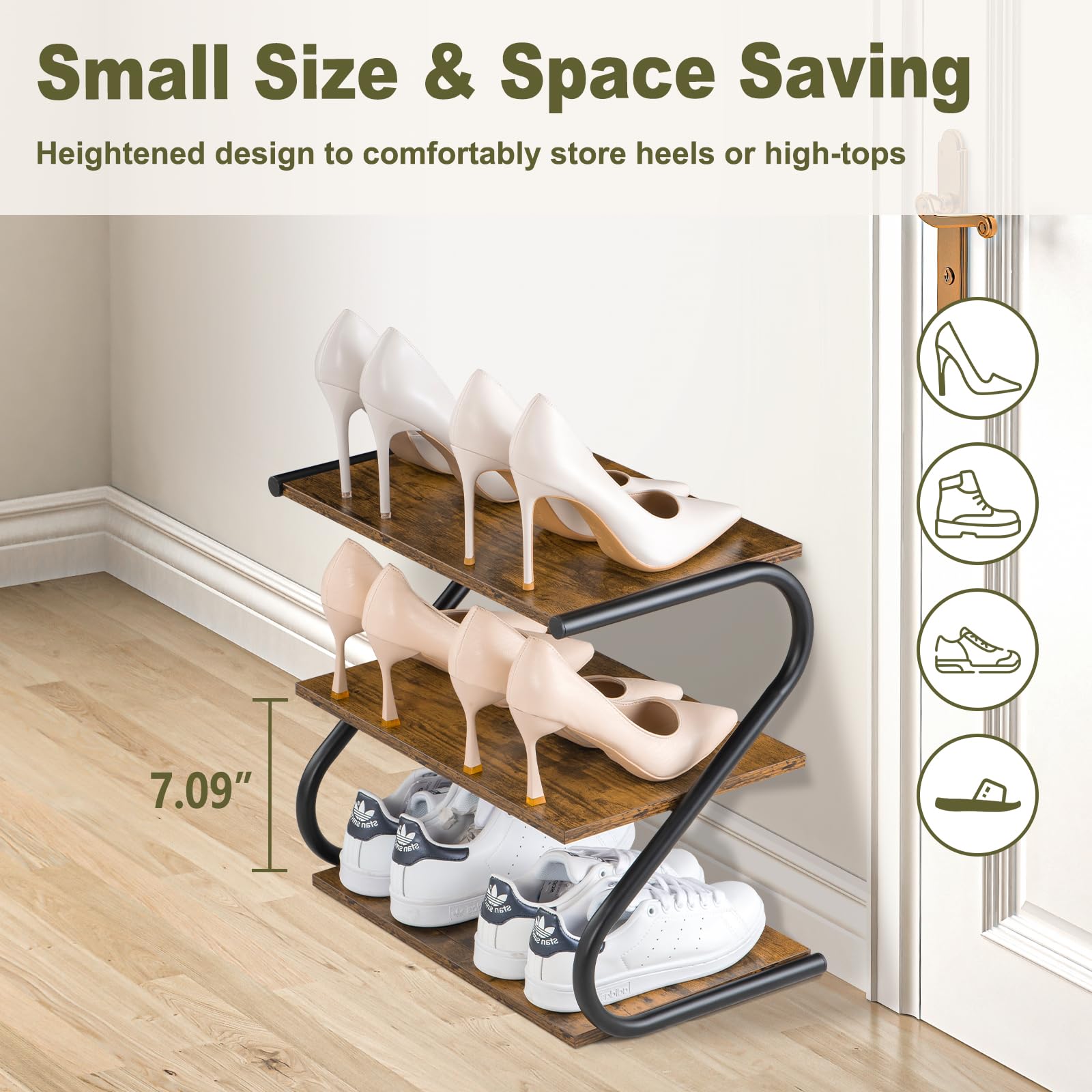 RUNJIMY Decorative Shoe Rack for Entryway, 3-Tier Wooden Shoe Organizer for Front Door Entrance, Sturdy Free-Standing Modern S-Shape Shoe Shelf