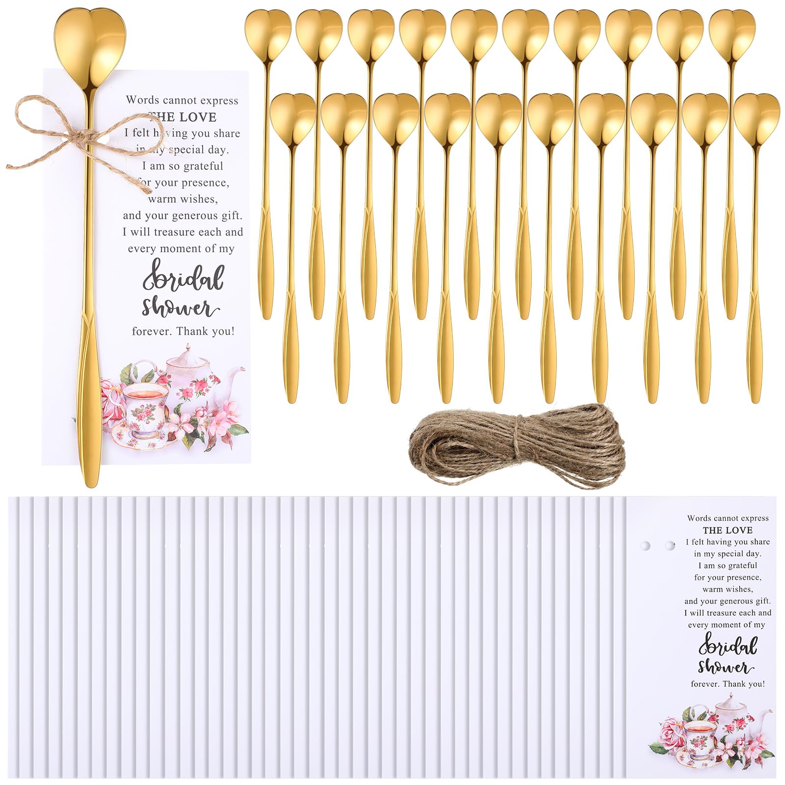 Skybooly 50 Sets Tea Party Bridal Shower Favors Mini Coffee Spoons Small Tea Spoons Heart Shaped Spoon with Bridal Shower Thank You Cards and Hemp Rope Wedding Souvenirs Tea Party Favor (Gold)