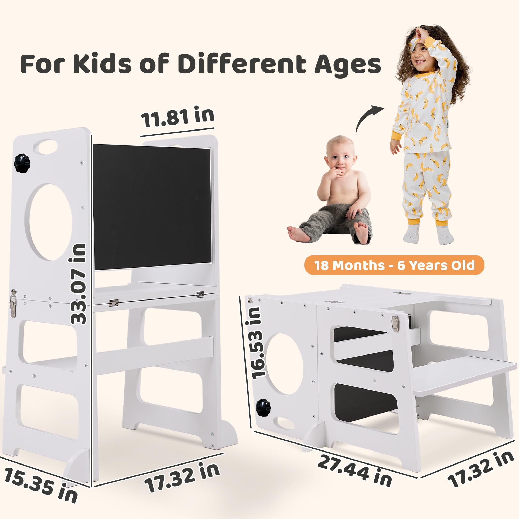 White Toddler Tower Step Stool for Kids Kitchen Stool Helper Toddler Standing Tower Foldable Toddler Table Kids Table and Chair Set 4 in 1 Montessori Helper Tower