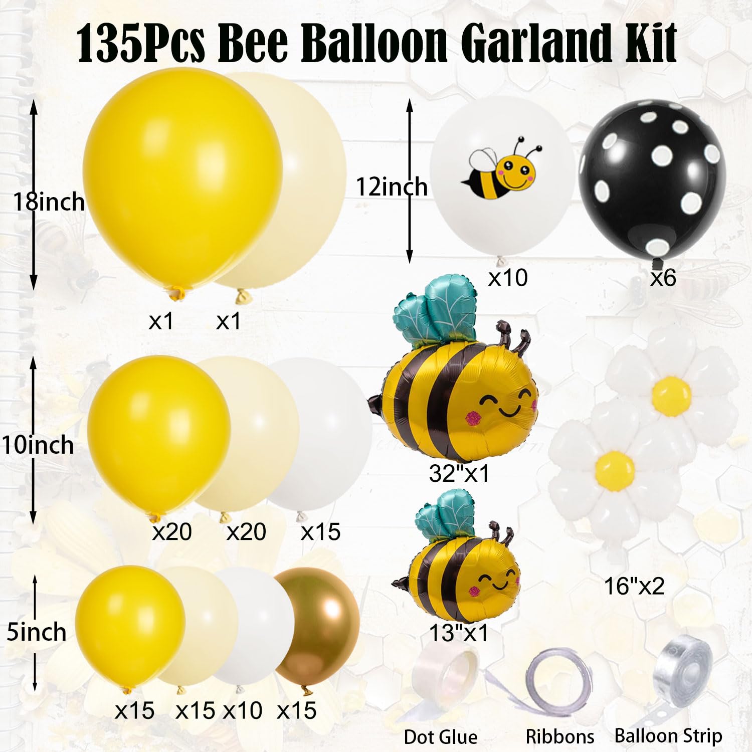 135Pcs Bumble Bee Balloon Garland Kit: Yellow Black and white Bee balloon arch for Sweet Honey Bee Baby Showers, 'What Will It Bee' themed gender Reveals,Sunflower or Sunny Birthday Decors