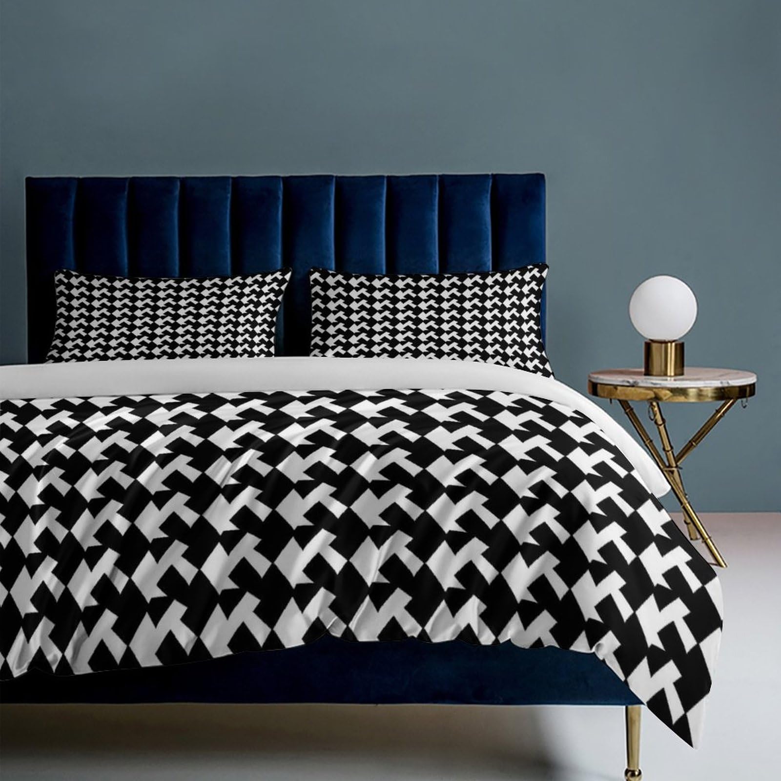 HotcoS Houndstooth Black Comforter Set Queen 3 Pieces Bedding Set Lightweight Soft Bedding Comforter Sets for All Season with 1 Duvet Cover 90""x90"" 2 Pillow Shams 30'' X 20'', Style