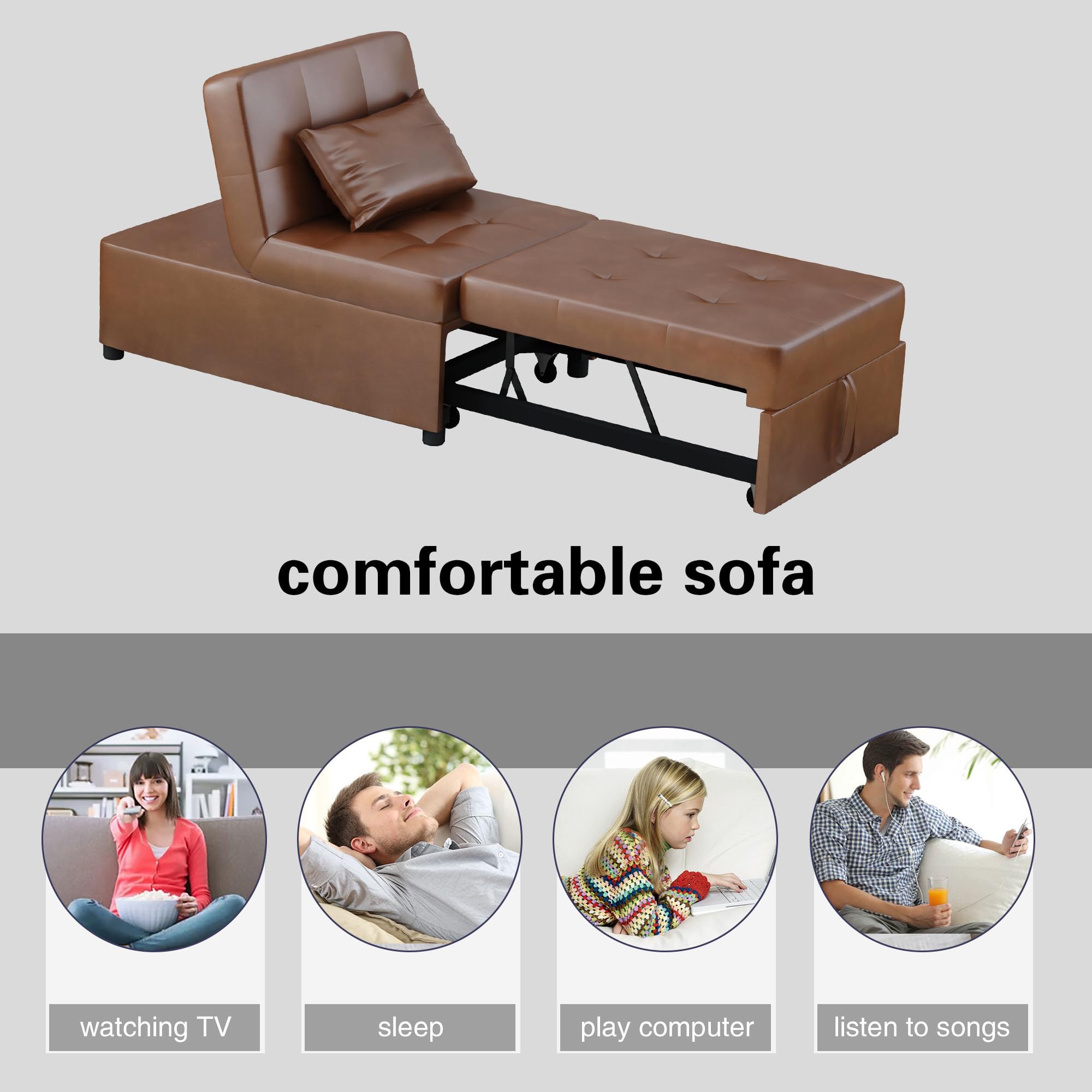 LEVNARY Convertible Chair Bed Sleeper, Pu Leather 4 in 1 Single Sofa Folding Chair Ottoman, Pull Out Small Couch Ottoman Bed for Home Living Room (Leather Brown)