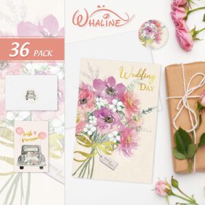 Whaline 36 Pack Wedding Card for Mr & Mrs Foil Gold Happy Couple Flower Blank Note with Envelopes Stickers for Wedding Congratulations Bridal Shower Engagement Party, 4 x 6 Inch