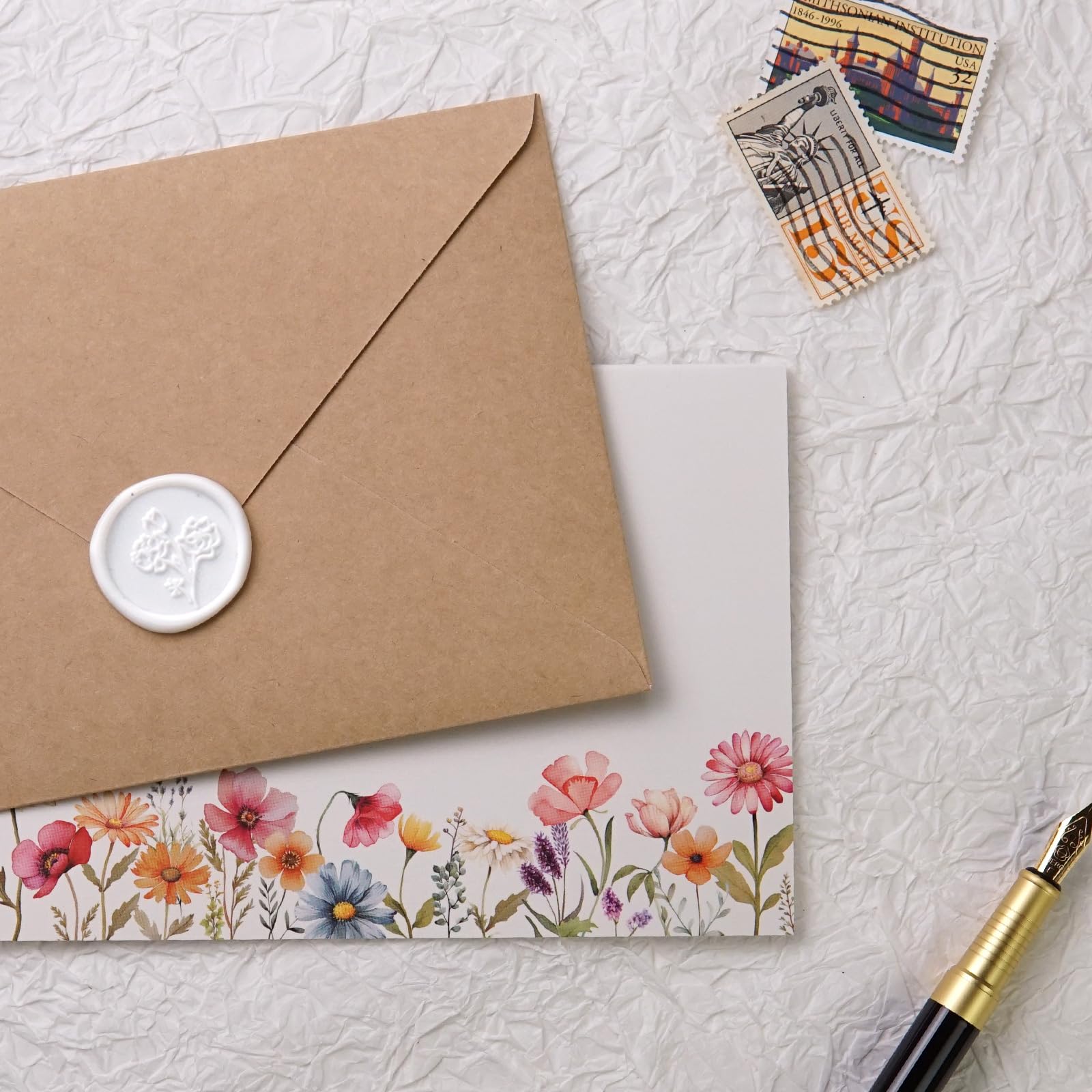 Liheheca Floral Thank You Cards with Kraft Envelopes, Wax Seal Stickers,Pack of 24,Vintage Flower Greeting Cards for Wedding,Bridal Shower,4x6 Inch