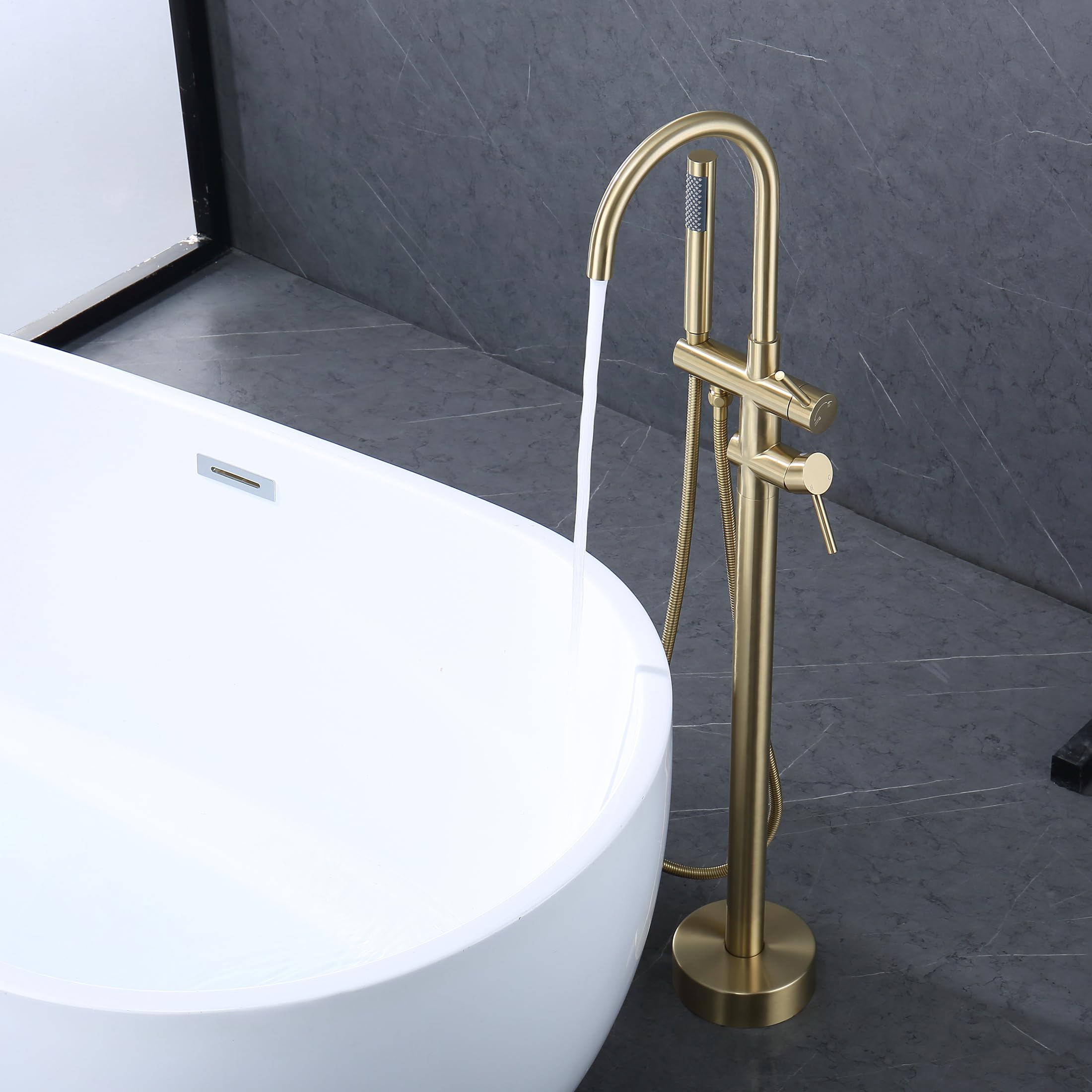 Freestanding Tub Faucet Floor Mount Tub Fillers Freestanding, Senhozi Brushed Gold Free Standing Tub Faucets, Mixer Tap Two Handle Gold Freestanding Bathtub Faucet with Hand Shower, SE-3001-BG