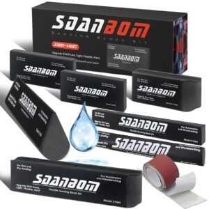 Sdanbom Sanding Block Kit 7PC with TearBlock and Sandpaper - Wet or Dry Auto Body Sanding Blocks for Woodworking Automotive Car Bodywork, Light, Flexible, Hard, Black