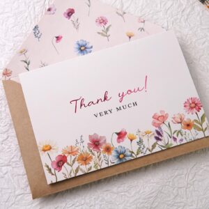 Liheheca Floral Thank You Cards with Kraft Envelopes, Wax Seal Stickers,Pack of 24,Vintage Flower Greeting Cards for Wedding,Bridal Shower,4x6 Inch