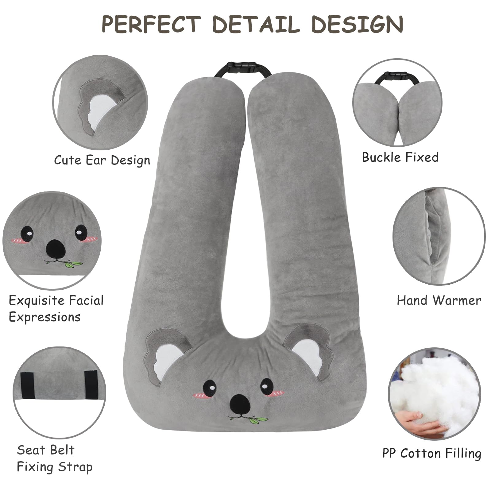 MissSoul Kids Travel Pillow for Car Seat with Hand Muff, Cartoon Neck & Headrest Seat Belt Pillow for Car Road Trips Long-Distance Travel Sleeping Pillow for Adults and Children, Koala