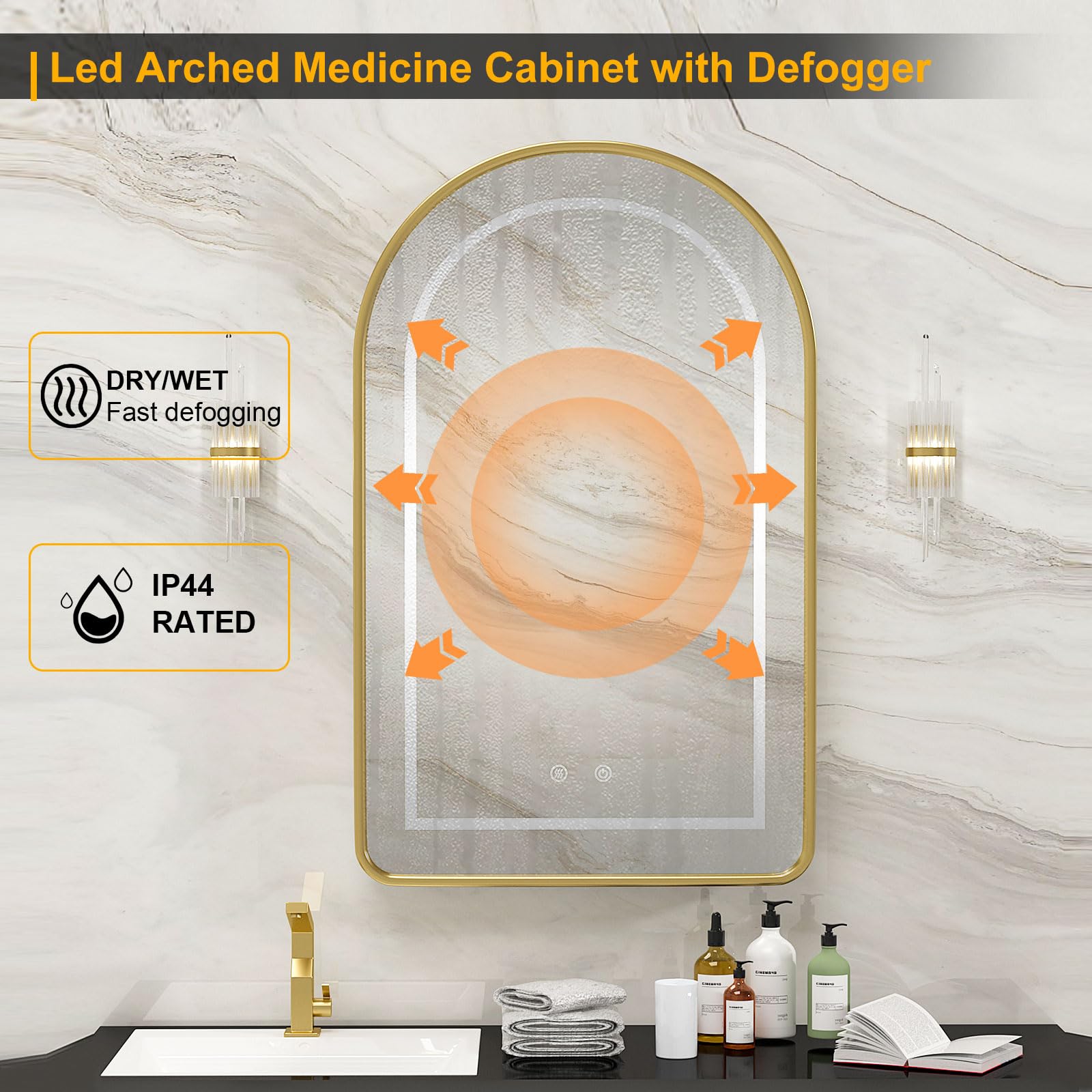 Mepplzian Lighted Arched Medicine Cabinet,Gold Medicine Cabinet Mirror,Recessed Medicine Cabinet with Mirror,Led Medicine Cabinet Mirror for Bathroom,Medicine Cabinet with Lights,Wall Mounted,20x31''