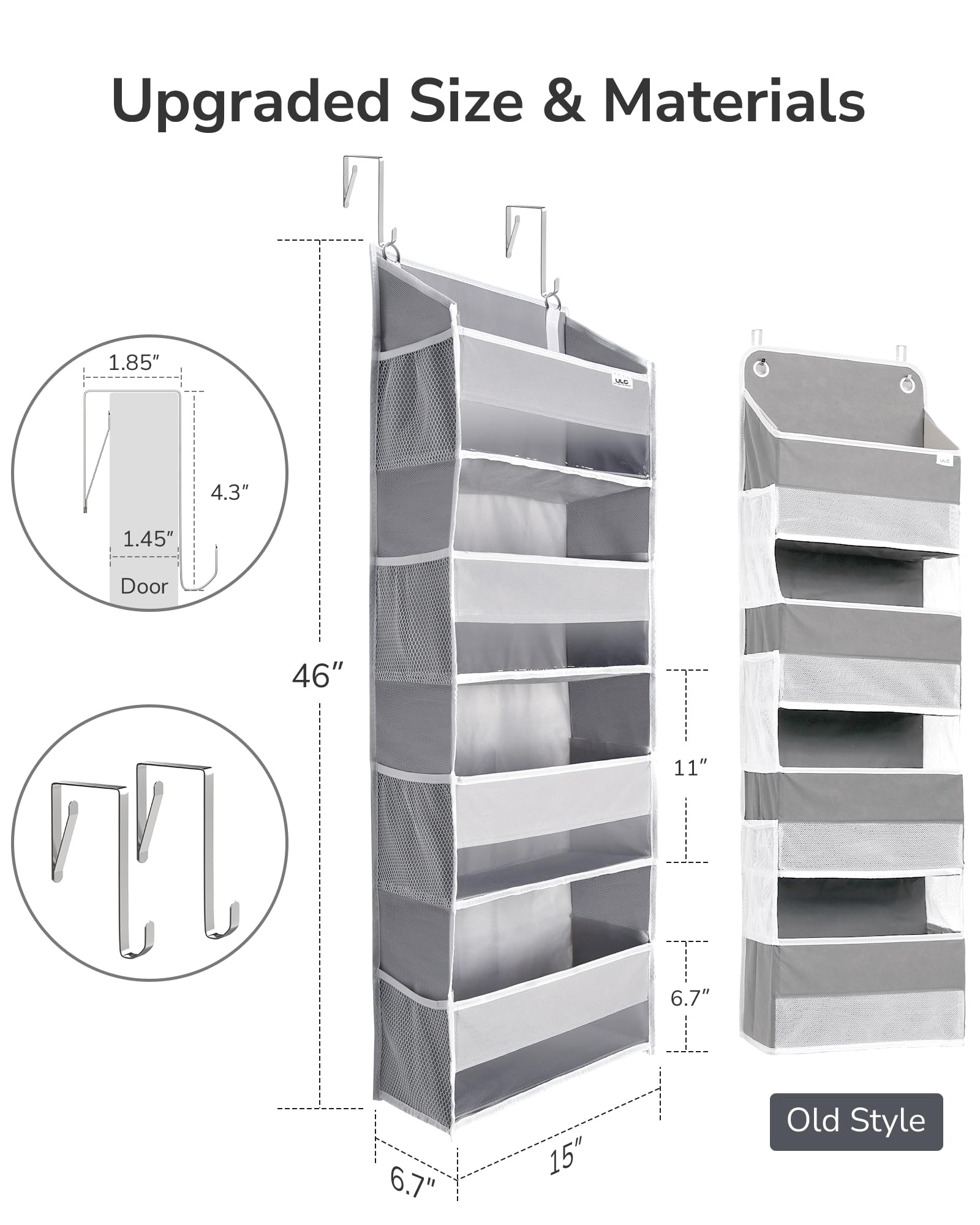 ULG 2 Pack Over The Door Storage Organizer with 4 Pockets 8 Mesh Side Pockets, 36 lbs Weight Capacity Door Hanging Organizers for Bedroom,Bathroom,Nursery,Pantry,Dorm(Light Gray)