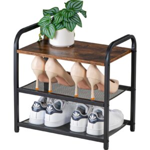 runjimy 3-tier shoe rack, with heavy-duty metal grid, rustic wooden top, & metal guardrails - transform your space with style and functionality living room, kitchen, bedroom, garage, & bathroom