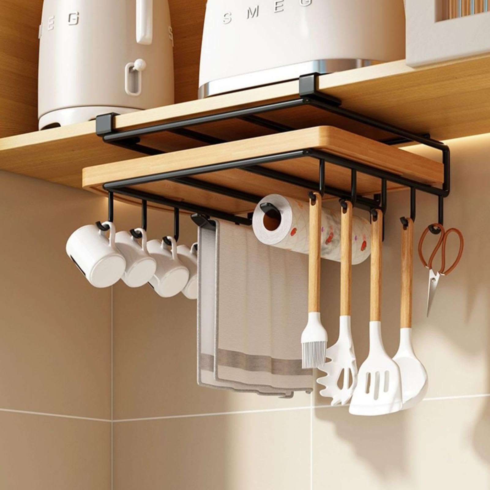 DAMLUX Mug Rack Under Cabinet, Mug Hanging Under Shelf, Stainless Steel Punch Free Mug Hooks Under Cabinet with Place Cutting Boards, Paper Towels, Cups, Towels, Utensil Hanger Kitchen Organizers