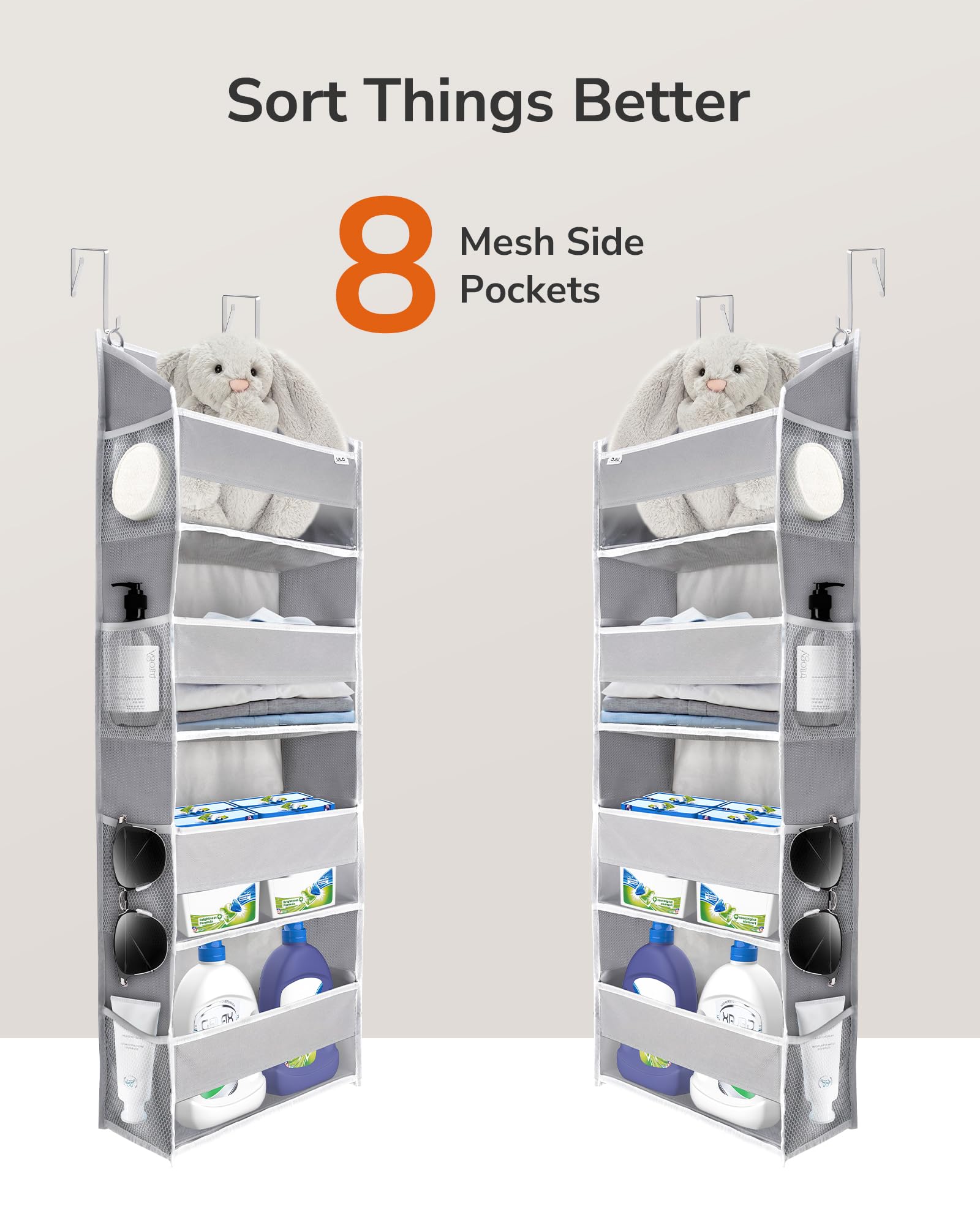 ULG 2 Pack Over The Door Storage Organizer with 4 Pockets 8 Mesh Side Pockets, 36 lbs Weight Capacity Door Hanging Organizers for Bedroom,Bathroom,Nursery,Pantry,Dorm(Light Gray)