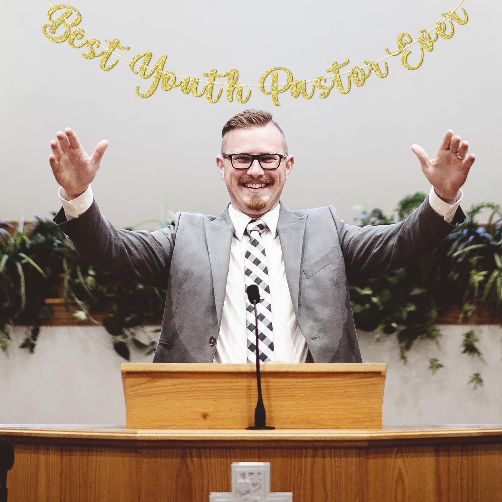 SparkDot Best Youth Pastor Ever Banner, Funny Decor for Youth Pastor, Pre-strung Pastor Appreciation Decorations, Youth Ministry Leader, Youth Minister, Church Leader, Gold Glitter