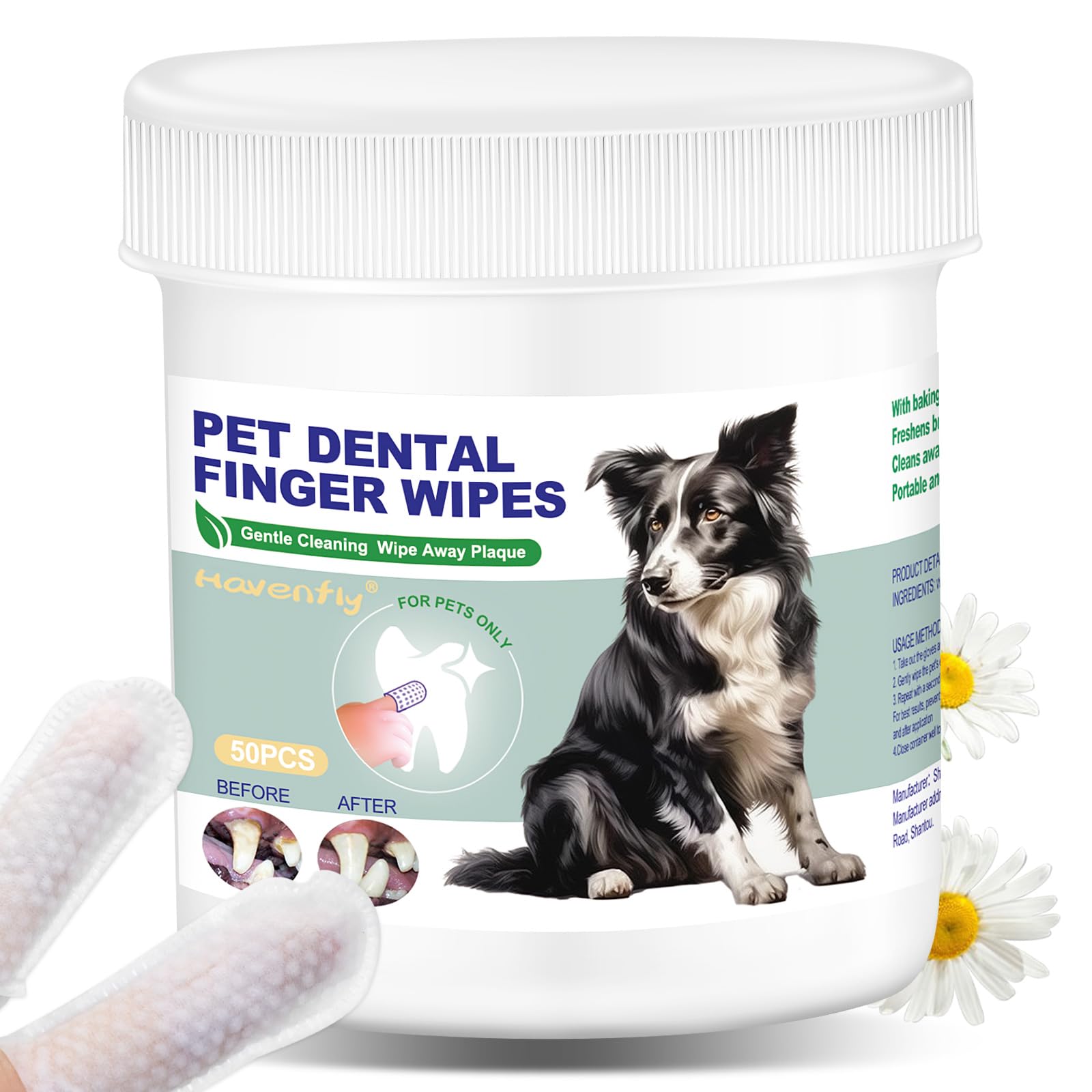 Havenfly Pet Teeth Cleaning Finger Wipes for Dogs & Cats, Dog Dental Wipes for Removing Plaque and Tartar Buildup, No-Rinse Disposable Gentle Cleaning & Gum Care Pet Wipes, 50 Counts