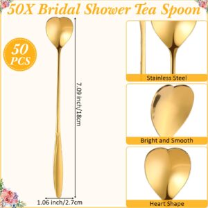 Skybooly 50 Sets Tea Party Bridal Shower Favors Mini Coffee Spoons Small Tea Spoons Heart Shaped Spoon with Bridal Shower Thank You Cards and Hemp Rope Wedding Souvenirs Tea Party Favor (Gold)