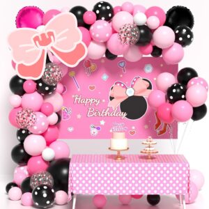 Pink Mouse Birthday Decorations of Pink Mouse Balloon Arch Kit with Backdrop & Tablecloth - Mouse Balloon Garland Different Sizes 5 12 Inch Pink Black Balloons for Girls Baby Shower Birthday Decor