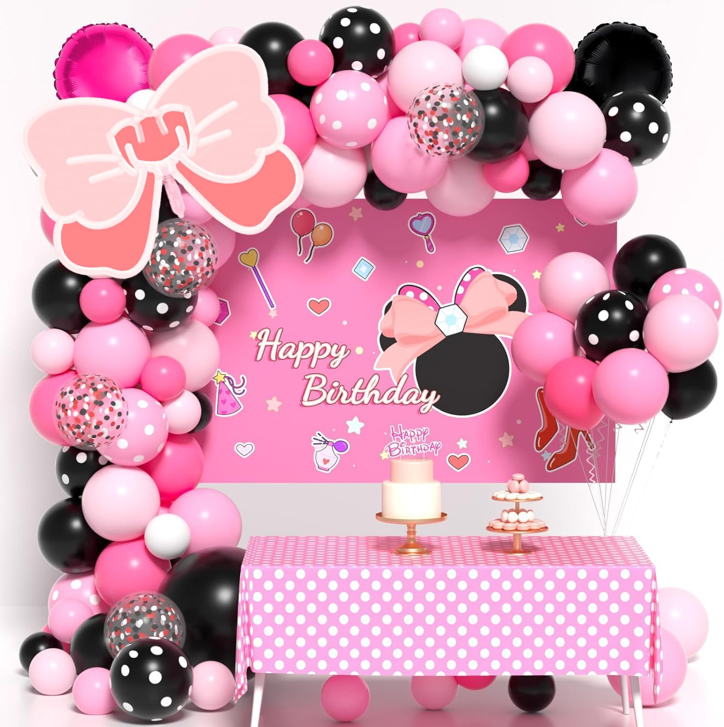 Pink Mouse Birthday Decorations of Pink Mouse Balloon Arch Kit with Backdrop & Tablecloth - Mouse Balloon Garland Different Sizes 5 12 Inch Pink Black Balloons for Girls Baby Shower Birthday Decor