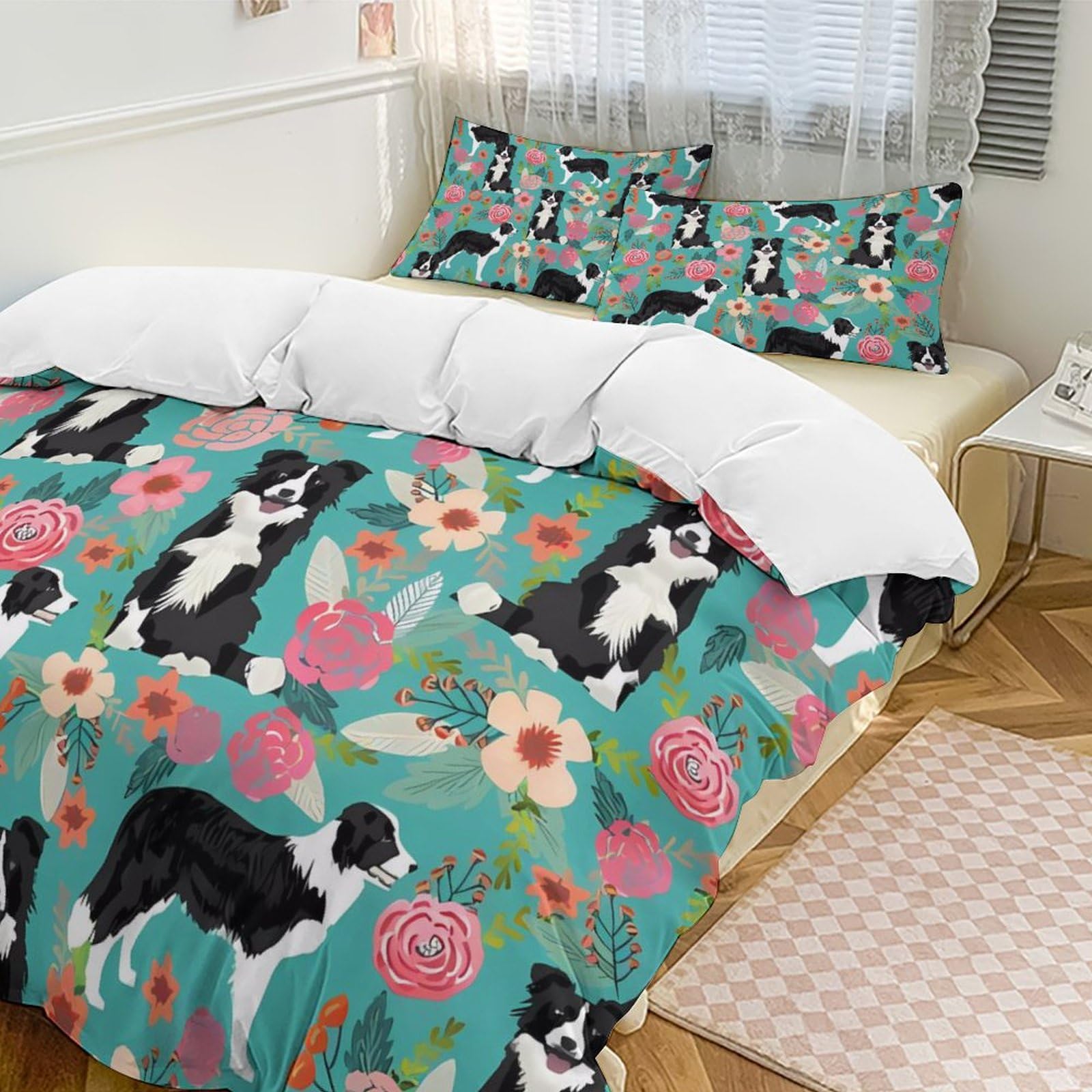 HotcoS Border Collie Florals Comforter Set Queen 3 Pieces Bedding Set Lightweight Soft Bedding Comforter Sets for All Season with 1 Duvet Cover 79"x90" 2 Pillow Shams 30'' X 20''