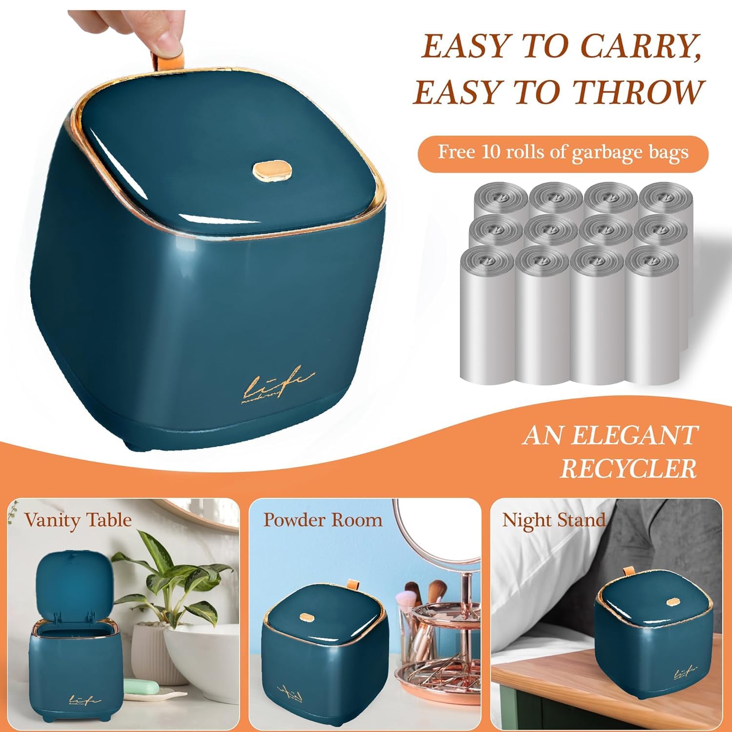 Mini Countertop Trash Can with 12 Rolls of Trash Bags, Desk Trash Can Tiny Trash Can with Press Type Lid, Desktop Trash Can Applicable for Bathroom Vanity Home Office (Trash can-kw-dark green)